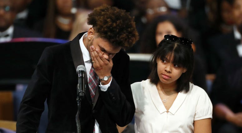 Jordan Franklin, left, pauses alongside his sister Victorie Franklin while speaking about their grandmother, Aretha Franklin, during the funeral service for the legendary singer at Greater Grace Temple, Friday, Aug. 31, 2018, in Detroit. Jordan Franklin, left, pauses alongside his sister Victorie Franklin while speaking about their grandmother, Aretha Franklin, during the funeral service for the legendary singer at Greater Grace Temple, Friday, Aug. 31, 2018, in Detroit.