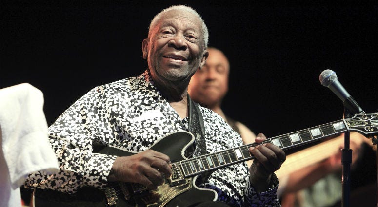 In this Aug. 8, 2013, file photo, Blues music legend B.B. King performs on Frampton's Guitar Circus 2013 Tour at Pier Six Pavilion, in Baltimore Blues music legend B.B. King