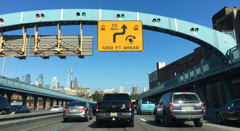 A new yellow sign with the truck rollover symbol was installed on the westbound Ben Franklin Bridge. A new yellow sign with the truck rollover symbol was installed on the westbound Ben Franklin Bridge.