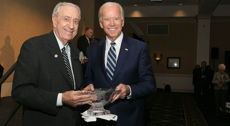 Former U.S. Congressman William Hughes (left) with his former colleague and friend Joe Biden, who presented Hughes with a Lifetime Achievement Award at the 2017 Hughes Center Honors at Stockton. William Hughes and Joe Biden