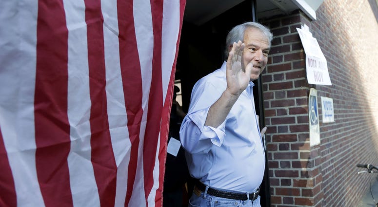 Bob Hugin, a Republican candidate running in New Jersey primary election for U.S. Senate, gestures while exiting his polling place after casting his vote in the New Jersey Primary Election, Tuesday, June 5, 2018. Bob Hugin, a Republican candidate running in New Jersey primary election for U.S. Senate