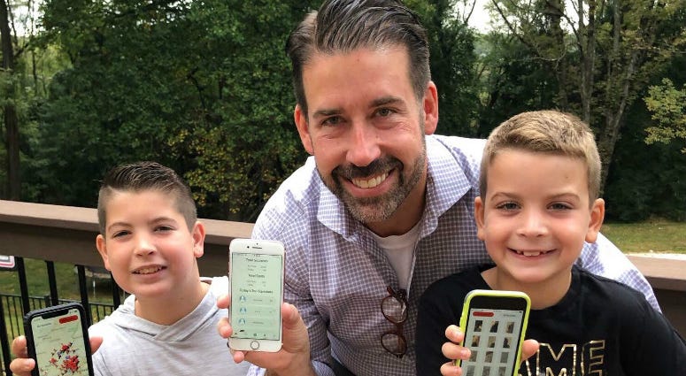 Brad Line of Villanova and his sons, Grayson and Nolan, showing off their app, Squishr, for tracking spotted lanternflies. Brad Line of Villanova and his sons, Grayson and Nolan, showing off their app, Squishr, for tracking spotted lanternflies.