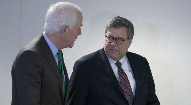 Sen. John Cornyn, R-Texas, left, walks with Attorney General nominee William Barr after their meeting on Capitol Hill, Wednesday, Jan. 9, 2019 in Washington. Sen. John Cornyn, R-Texas, left, walks with Attorney General nominee William Barr after their meeting on Capitol Hill, Wednesday, Jan. 9, 2019 in Washington.