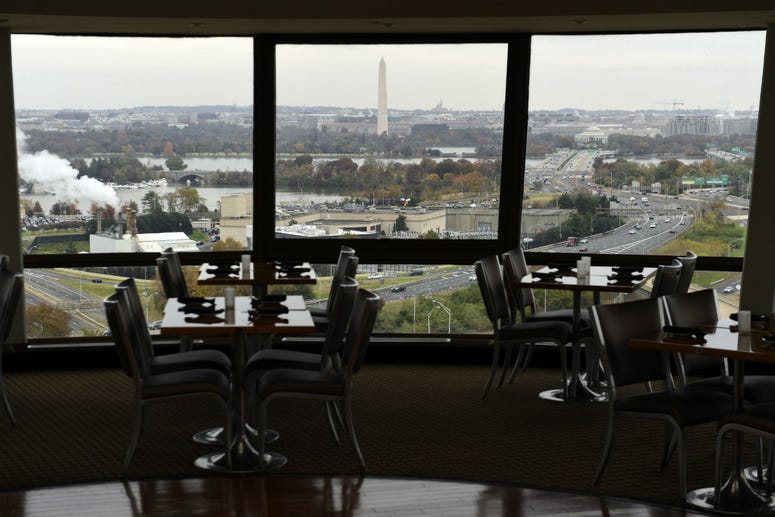 This Friday, Nov. 9, 2018, photo shows a view of Washington from a revolving restaurant in Crystal City, Va. This Friday, Nov. 9, 2018, photo shows a view of Washington from a revolving restaurant in Crystal City, Va.