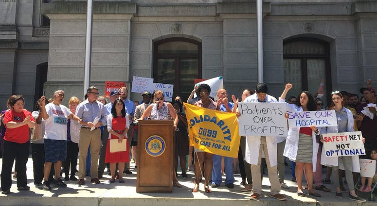 Hundreds of nurses, union members and lawmakers gathered at City Hall June, 27, 2019, calling on the state to take action and keep Hahnemann University Hospital afloat. Hahnemann University Hospital rally