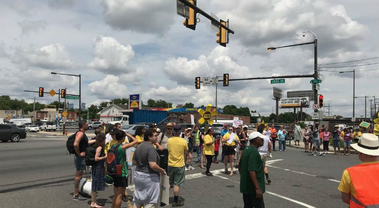 Sixteen police cars lined the street near 28th Street and Passyunk Avenue in South Philadelphia Tuesday afternoon as protesters, who say they want the Philadelphia Energy Solutions refinery shut down, blocked the intersection into the plant. Sixteen police cars lined the street near 28th Street and Passyunk Avenue in South Philadelphia Tuesday afternoon as protesters, who say they want the Philadelphia Energy Solutions refinery shut down, blocked the intersection into the plant.