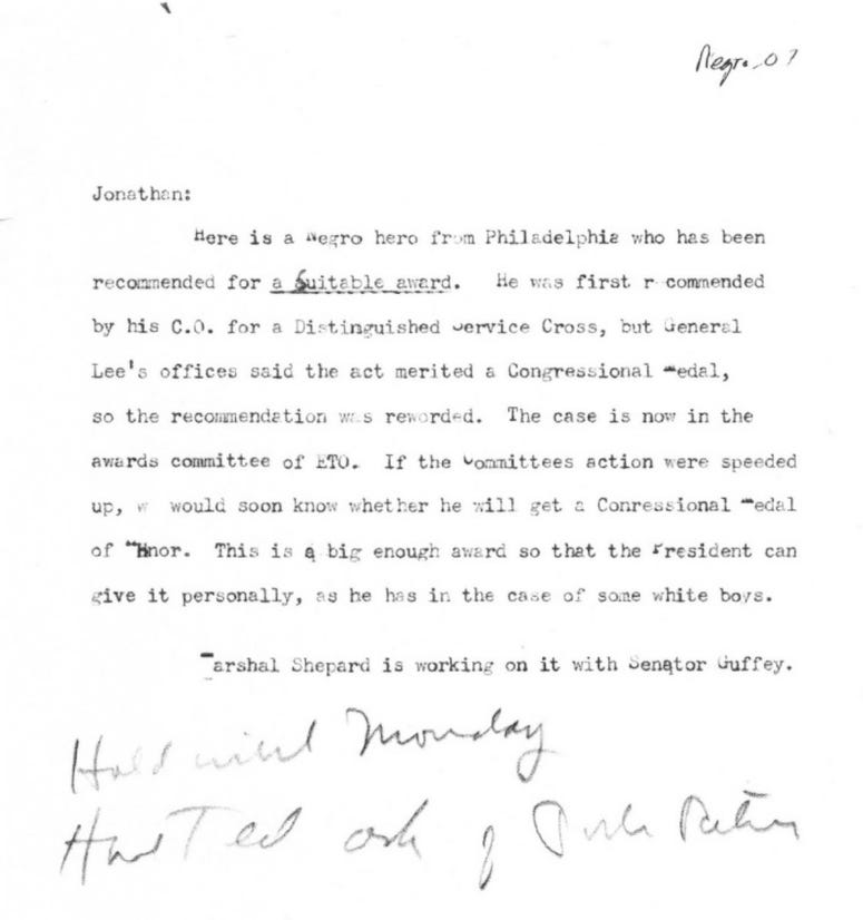 A 1944 U.S. Department of War memo to the Franklin D. Roosevelt White House is all that remains regarding Waverly Woodson's extraordinary feats. World War II memo