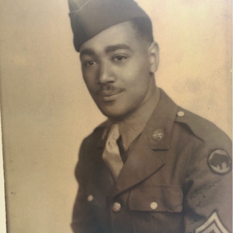 William Thompson in uniform. He was drafted in 1943, serving in the segregated, all-black 92nd Infantry Division. William Thompson