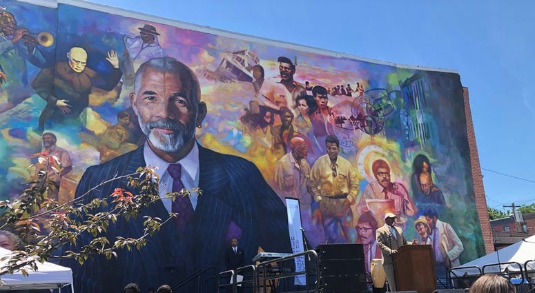 A mural dedicated to legendary journalist Ed Bradley in West Philadelphia. Ed Bradley Mural