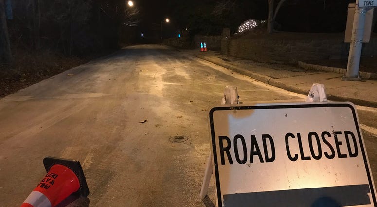 Bells Mill Road in Chestnut Hill is closed as crews work on a water main break. Bells Mill Road in Chestnut Hill is closed as crews work on a water main break.
