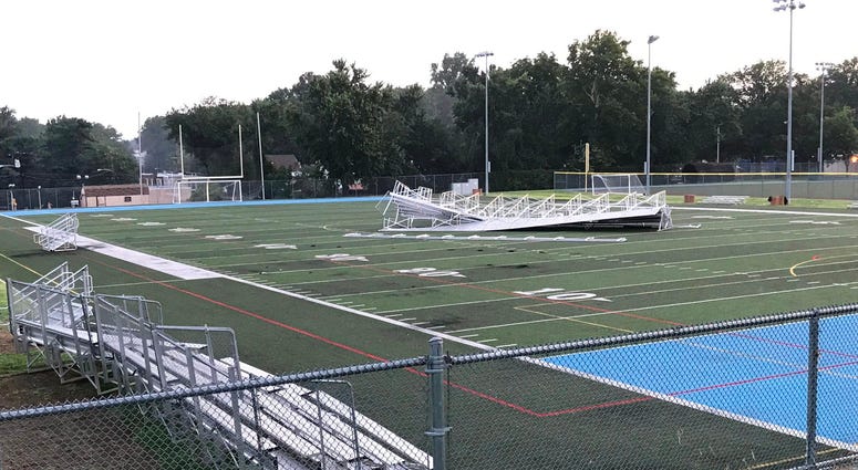 At Father Judge High School in Holmesburg, bleachers blew from the sidelines onto the school's football field. At Father Judge High School in Holmesburg, bleachers blew from the sidelines onto the school's football field.