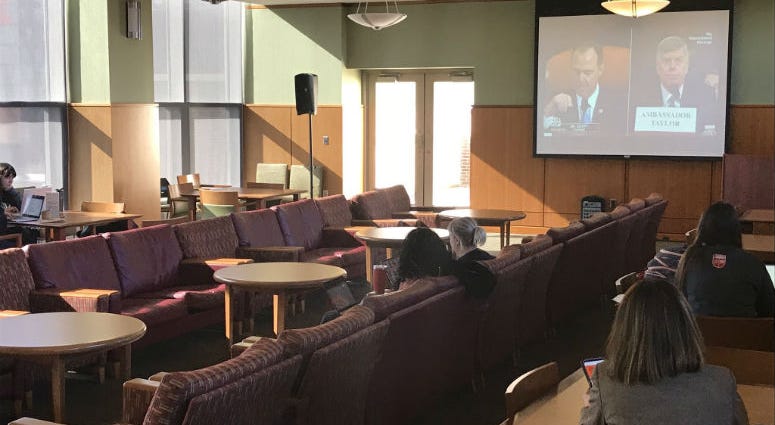 Rutgers University-Camden law school students get a chance to attend an impeachment hearing watch party. An impeachment hearing watch part at Rutgers University-Camden law school.