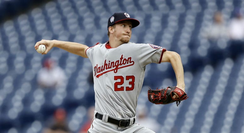 Washington Nationals' Erick Fedde pitches during the third inning of the first game of a baseball doubleheader against the Philadelphia Phillies, Tuesday, Sept. 11, 2018, in Philadelphia. Washington Nationals' Erick Fedde pitches during the third inning of the first game of a baseball doubleheader against the Philadelphia Phillies, Tuesday, Sept. 11, 2018, in Philadelphia.