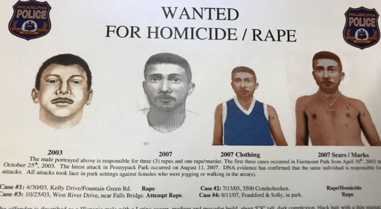 Detail from a flyer distributed by the Philadelphia Police Department showing a series of artist renderings of the "Fairmount Park Rapist." series of artist renderings of the "Fairmount Park Rapist"