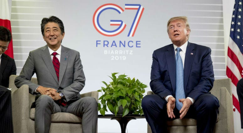 U.S President Donald Trump, accompanied by Japanese Prime Minister Shinzo Abe, left, speaks at a news conference at the G-7 summit in Biarritz, France, Sunday, Aug. 25, 2019, where they announced that the U.S. and Japan have agreed in principle on a new t U.S President Donald Trump, accompanied by Japanese Prime Minister Shinzo Abe, left, speaks at a news conference at the G-7 summit in Biarritz, France, Sunday, Aug. 25, 2019, where they announced that the U.S. and Japan have agreed in principle on a new t