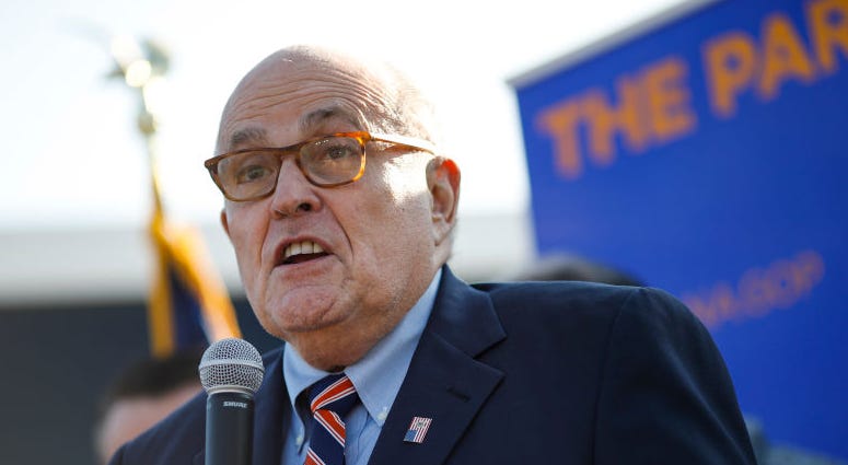 Former New York City Mayor Rudy Giuliani arrives to campaign for Republican Senate hopeful Mike Braun on November 3, 2018 in Franklin Township, Indiana. Braun is locked in a tight race with incumbent Democrat Sen. Joe Donnelly. Former New York City Mayor Rudy Giuliani arrives to campaign for Republican Senate hopeful Mike Braun on November 3, 2018 in Franklin Township, Indiana. Braun is locked in a tight race with incumbent Democrat Sen. Joe Donnelly.