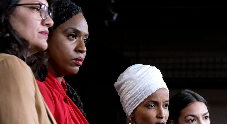 U.S. Reps. Rashida Tlaib (D-MI), Ayanna Pressley (D-MA), Ilhan Omar (D-MN), and Alexandria Ocasio-Cortez (D-NY) pause between answering questions during a press conference at the U.S. Capitol on July 15, 2019 in Washington, DC. U.S. Reps. Rashida Tlaib (D-MI), Ayanna Pressley (D-MA), Ilhan Omar (D-MN), and Alexandria Ocasio-Cortez (D-NY) pause between answering questions during a press conference at the U.S. Capitol on July 15, 2019 in Washington, DC.