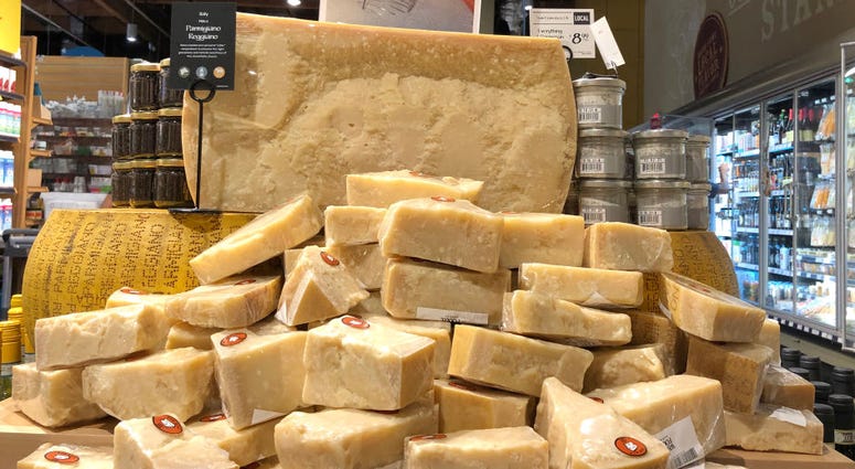 Parmigiano Reggiano cheese imported from Italy is displayed at a Whole Foods store on August 26, 2019 in Mill Valley, California. Parmigiano Reggiano cheese imported from Italy is displayed at a Whole Foods store on August 26, 2019 in Mill Valley, California.