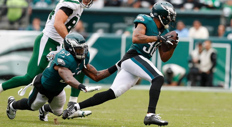 Safety Orlando Scandrick #38 of the Philadelphia Eagles returns a fumble for a touchdown during the second half against the New York Jets at Lincoln Financial Field on Oct. 6, 2019 in Philadelphia, Pennsylvania. Orlando Scandrick