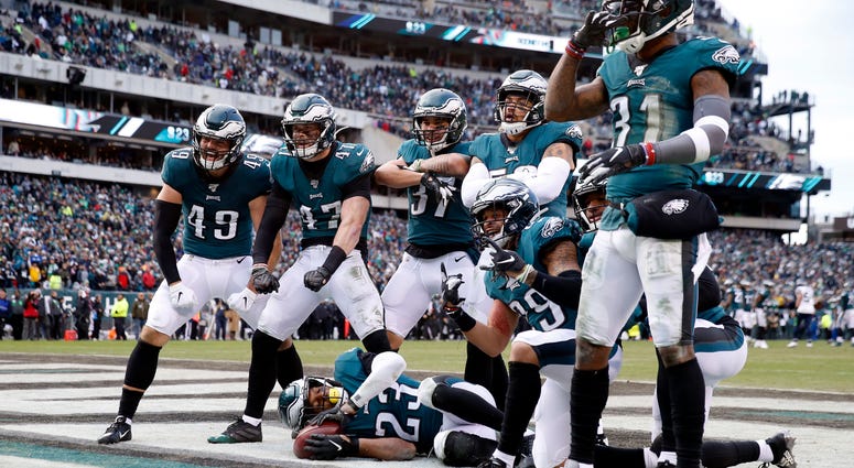 Rodney McLeod #23 of the Philadelphia Eagles celebrates after intercepting a Seattle Seahawks pass in the third quarter at Lincoln Financial Field on November 24, 2019 in Philadelphia, Pennsylvania. Eagles