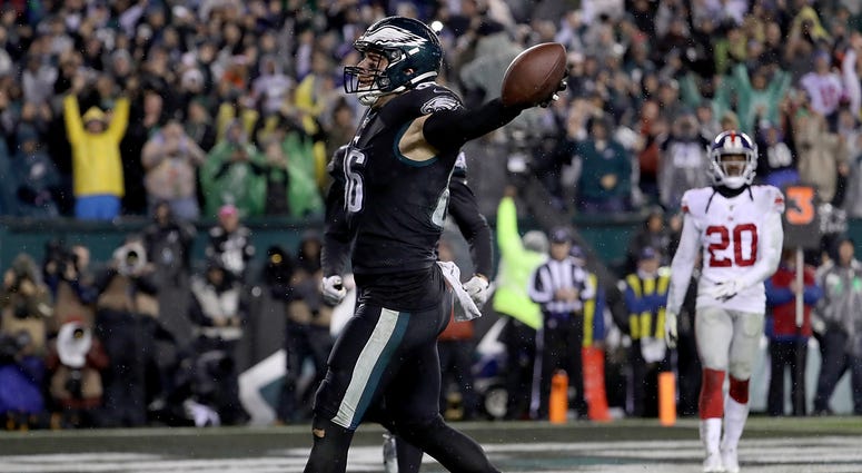 Tight end Zach Ertz #86 of the Philadelphia Eagles celebrates his catch for a touchdown in overtime to win 23-17 over the New York Giants at Lincoln Financial Field on Dec. 9, 2019 in Philadelphia, Pennsylvania. Zach Ertz