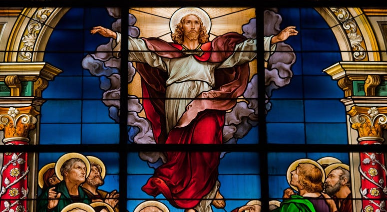 Stained glass window depicting Jesus Christ's resurrection at Easter. Jesus Resurrection