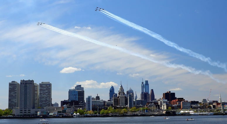 The U.S. Navy's Blue Angels and Air Force's Thunderbirds fly over the city to honor COVID-19 frontline workers on April 28, 2020 in Philadelphia, Pennsylvania. Philly fly over