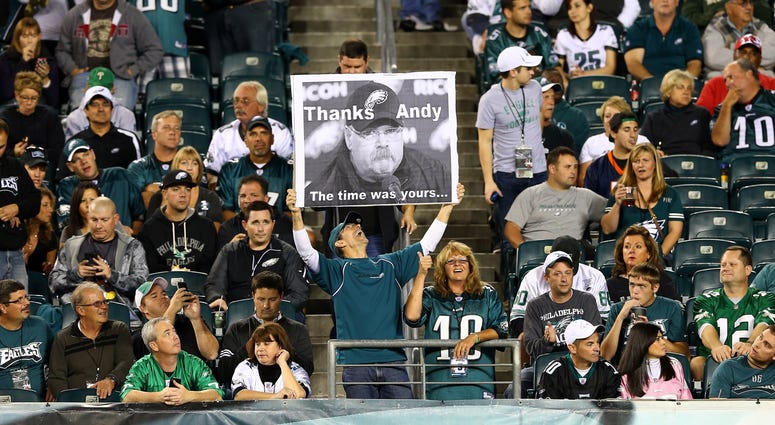 A fan holds up a sign for head coach Andy Reid of the Kansas City Chiefs early in the game between the Philadelphia Eagles and the Kansas City Chiefs at Lincoln Financial Field on Sept. 19, 2013 in Philadelphia, Pennsylvania. Eagles fan holds up a sign for head coach Andy Reid