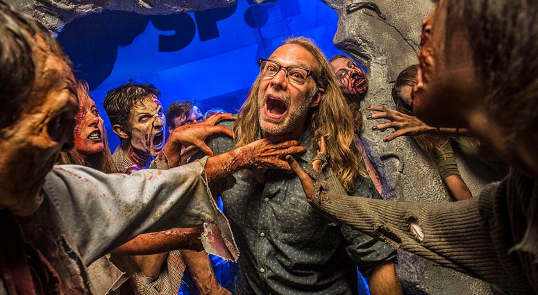 Greg Nicotero, Co-Executive Producer and Director of Special Effects Make-Up Artist for AMC's 'The Walking Dead,' found himself surrounded by a horde of walkers at Universal Orlando's Halloween Horror Nights 24 on October 25, 2014 in Orlando, Florida. Halloween Horror Nights