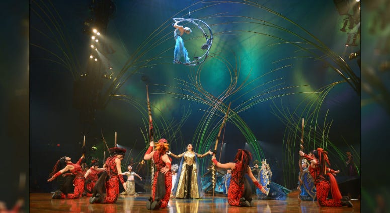 The cast of Cirque du Soleil's "Amaluna" performs during the photo call at Citi Field on March 19, 2014 in New York City. Cirque du Soleil's "Amaluna"