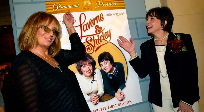 Penny Marshall (left) and Cindy Williams pose at a reception after a ceremony honoring each of them with a star on the Hollywood Walk of Fame on Aug. 12, 2004 in Hollywood, California. Penny Marshall and Cindy Williams