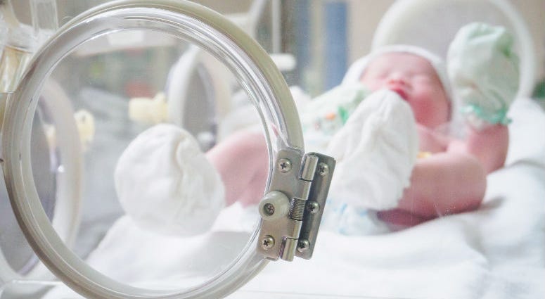 Newborn baby inside incubator in hospital post delivery room. Newborn baby inside incubator in hospital post delivery room.