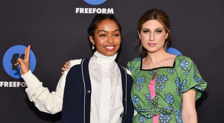 Actresses Yara Shahidi (left) and Emily Arlook of "grown-ish" arrive at Freeform Summit on Jan. 18, 2018 in Hollywood, California. Yara Shahidi and Emily Arlook