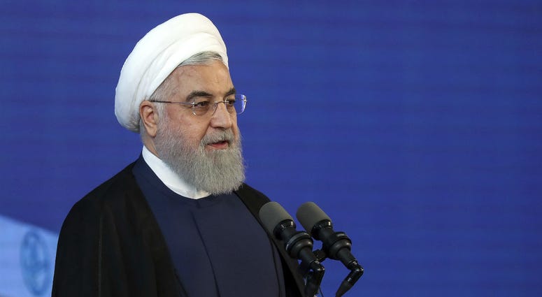 In this photo released by an official website of the office of the Iranian Presidency, Iranian President Hassan Rouhani speaks in a ceremony at Imam Khomeini International Airport south of the capital Tehran, Iran, Tuesday, June 18, 2019. In this photo released by an official website of the office of the Iranian Presidency, Iranian President Hassan Rouhani speaks in a ceremony at Imam Khomeini International Airport south of the capital Tehran, Iran, Tuesday, June 18, 2019.
