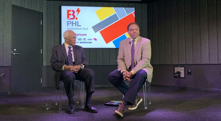 Astronaut Guy Bluford (L) and astronomer Derrick Pitts speaking at a B.PHL event at Entercom, KYW Newsradio's parent company. Astronaut Guy Bluford (L) and astronomer Derrick Pitts speaking at a B.PHL event.