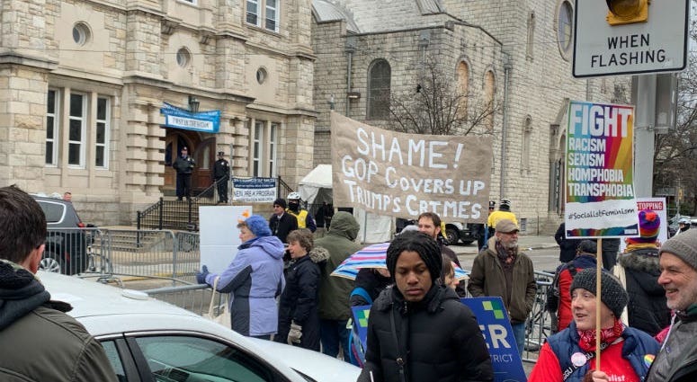 Protesters during Mike Pence's visit to St. Francis de Sales School. Protesters during Mike Pence's visit to St. Francis de Sales School.