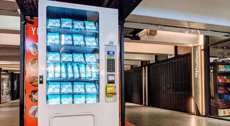 A RapidMask2GO vending machine at Columbus Circle in New York City. Four machines are being installed at Philadelphia’s Suburban Station. Face mask vending machine