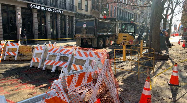 Officials say the break in the eight inch water main in Old City caused damage to other underground electric and telephone lines near it. Officials say the break in the eight inch water main in Old City caused damage to other underground electric and telephone lines near it.