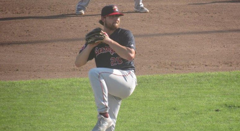 Gloucester Catholic High School product Mike Shawaryn throws a pitch for the Portland Sea Dogs during his start on Sunday in Trenton. Mike Shawaryn