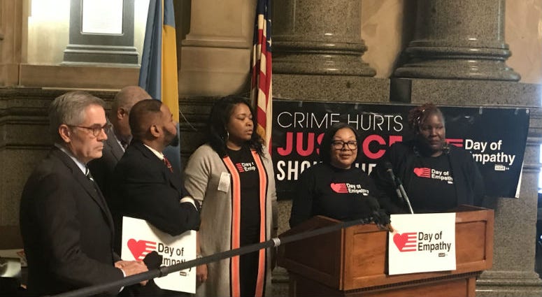 To show support for people serving life sentences, Carrington joined Tonie Willis with the organization Cut 50 at city hall Tuesday for Philadelphia's Day of Empathy. To show support for people serving life sentences, Carrington joined Tonie Willis with the organization Cut 50 at city hall Tuesday for Philadelphia's Day of Empathy.