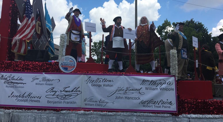 A float featuring the nation's founders is in the 2019 Independence Day Parade. A float featuring the nation's founders is in the 2019 Independence Day Parade.