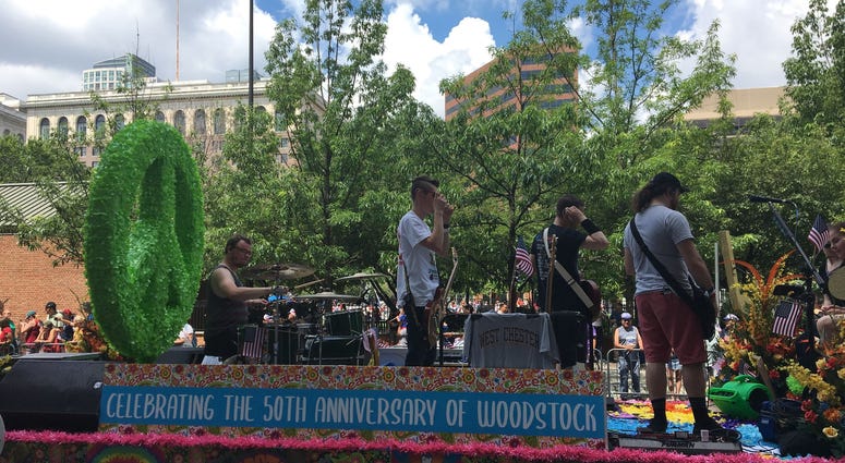 A float celebrating the 50th anniversary of Woodstock is in the 2019 Independence Day Parade. A float celebrating the 50th anniversary of Woodstock is in the 2019 Independence Day Parade.