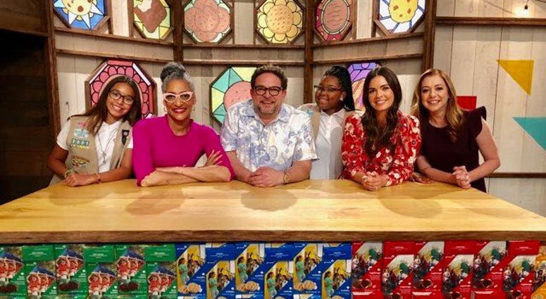Lindenwold's Bryana Turner (middle) on the Food Network show "Girl Scout Cookie Championship," along with judges Carla Hall, Nacho Aguirre, and Katie Le, and host Alyson Hannigan. Lindenwold's Bryana Turner (middle) on the Food Network show "Girl Scout Cookie Championship," along with judges Carla Hall, Nacho Aguirre, and Katie Le, and host Alyson Hannigan.