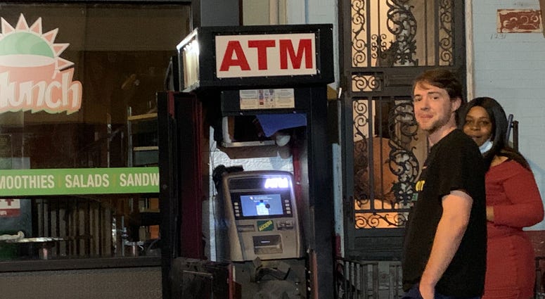 Brewerytown residents Lorette Willis and Marc Rademaker heard explosions overnight as looters tried to blow up ATMs. Brewerytown residents Lorette Willis and Marc Rademaker heard explosions overnight as looters tried to blow up ATMs.