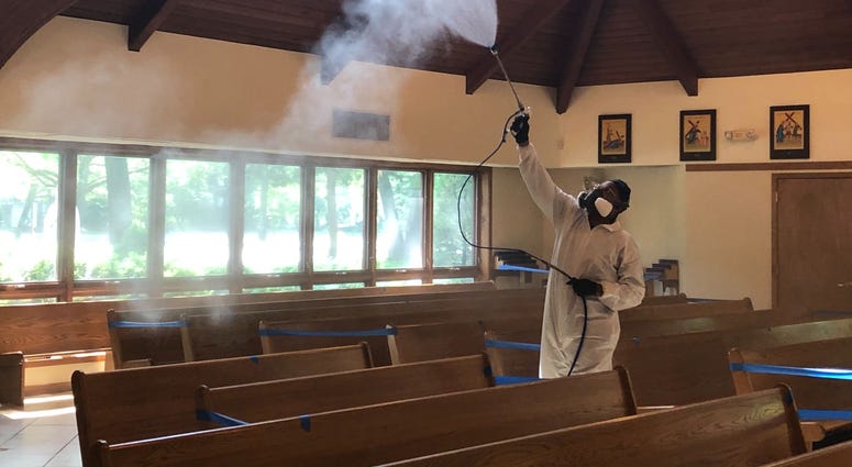National Restoration wet-fogs a New Jersey church preparing to open after stay-at-home orders are lifted in the state. National Restoration wet-fogs a New Jersey church preparing to open after stay-at-home orders are lifted in the state.