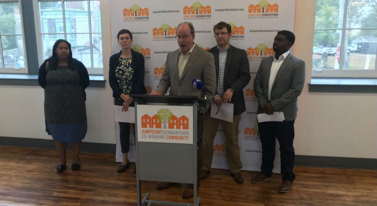 Ken Weinstein, founder of Jumpstart Germantown, announced that The Reinvestment Fund is helping them expand the program. Ken Weinstein, founder of Jumpstart Germantown, speaking at a press conference.
