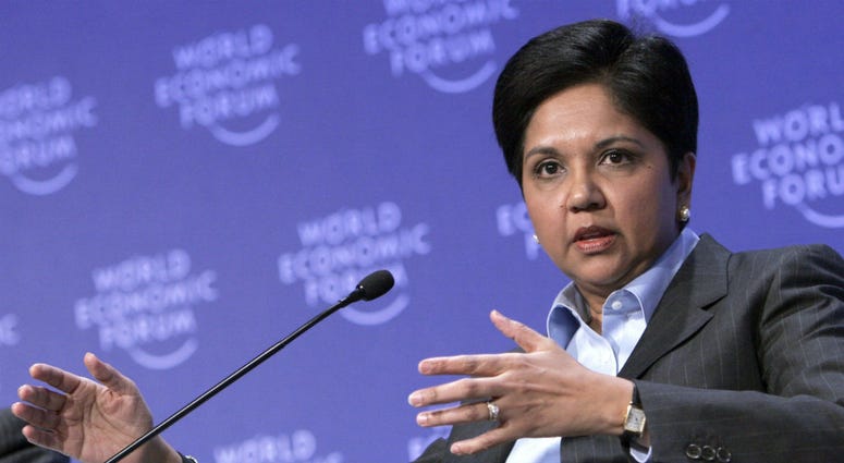 In this Jan. 29, 2009, file photo, Chairman and CEO, PepsiCo Indra Nooyi speaks during a session at the World Economic Forum in Davos, Switzerland. In this Jan. 29, 2009, file photo, Chairman and CEO, PepsiCo Indra Nooyi speaks during a session at the World Economic Forum in Davos, Switzerland.