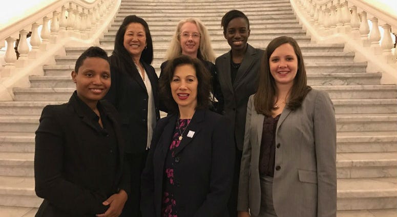 Jeannine Lisitski (front, center) is executive director of Women Against Abuse. A new law goes into effect in Pennsylvania, that is designed to take guns away from domestic abusers, and save lives. Act 79 was first introduced in October of 2017, when the governor called for domestic violence gun safety protections.