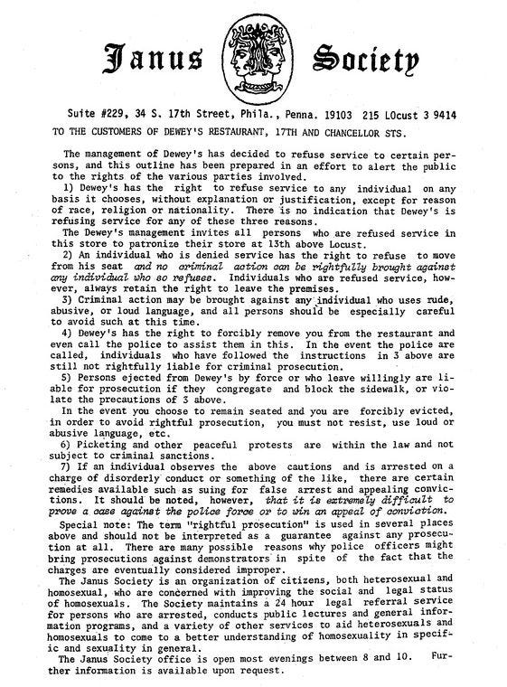 The Janus Society, and early gay rights organization, distributed this leaflet during the protest at Dewey's. The Janus Society, and early gay rights organization, distributed this leaflet during the protest at Dewey's.