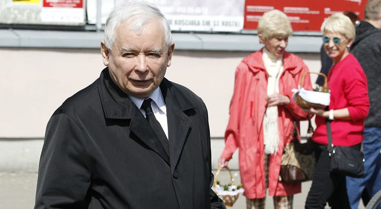 Jaroslaw Kaczynski, the leader of Poland's conservative ruling party, takes part in a Polish tradition of taking a basket to church for a blessing in Warsaw, Poland, Saturday, April 20, 2019. Jaroslaw Kaczynski, the leader of Poland's conservative ruling party, takes part in a Polish tradition of taking a basket to church for a blessing in Warsaw, Poland, Saturday, April 20, 2019.